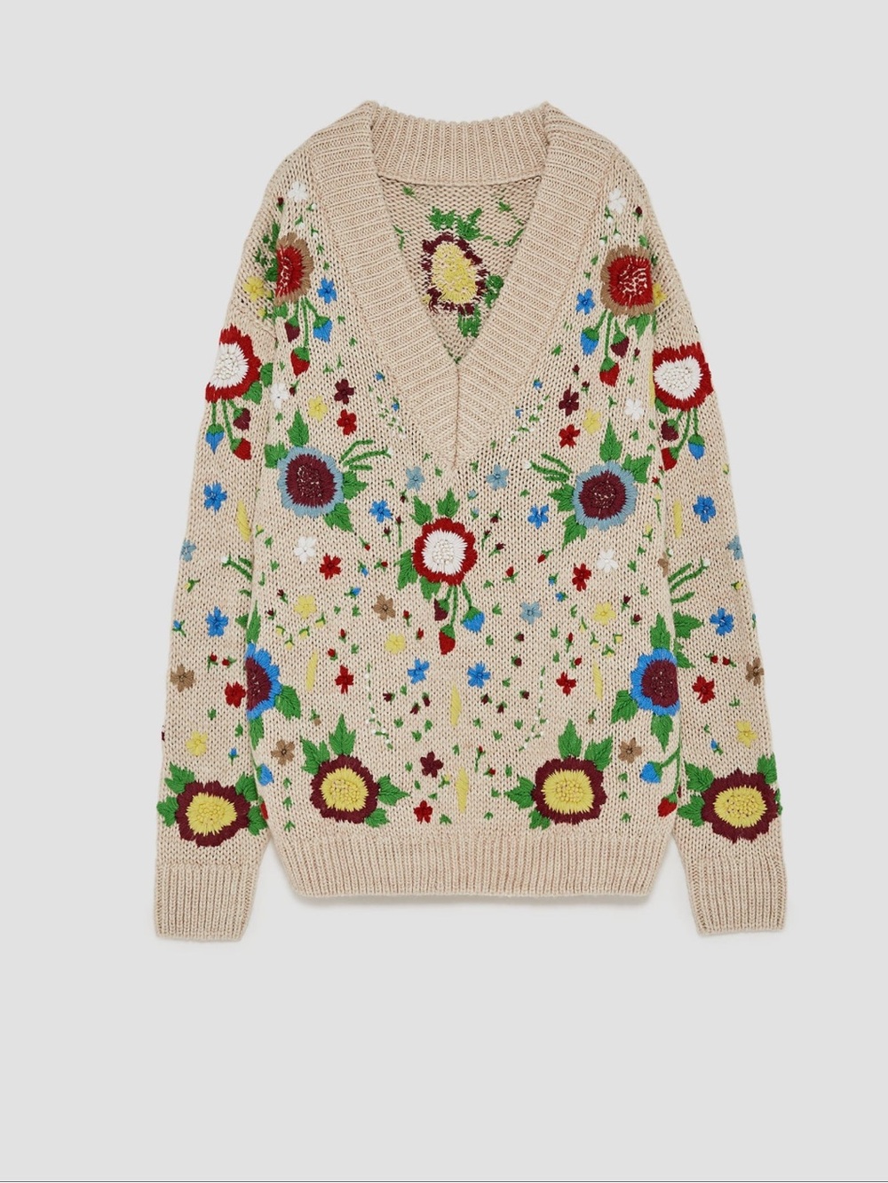 Zara Limited Edition Chunky Knit Floral Embroidered V Neck Sweater